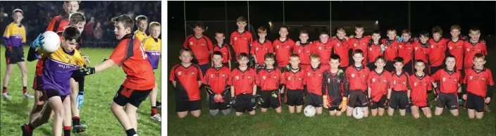  ??  ?? James Breen of Bannow has his jersey tested by Matthew Ryan. The Bannow squad before changing jerseys to take on Oulart due to a clash of colours.