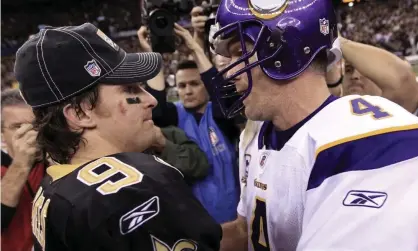  ?? Photograph: David J Phillip/AP ?? Brett Favre (4) congratula­tes Drew Brees after a playoff game in 2010. The two now charge hundreds of dollars for a video message on Cameo.