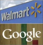  ?? ALAN DIAZ — THE ASSOCIATED PRESS FILE ?? In this combo of file photos shows, a Google sign at a store on in Hialeah, Fla., bottom, and a Walmart sign on in Hialeah Gardens, Fla.