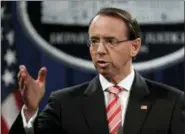  ?? EVAN VUCCI — THE ASSOCIATED PRESS ?? Deputy Attorney General Rod Rosenstein speaks during a news conference at the Department of Justice, Friday in Washington.