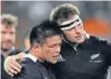  ?? Photo: Getty Images ?? Mates: Keven Mealamu joins Richie McCaw in the 100 club.