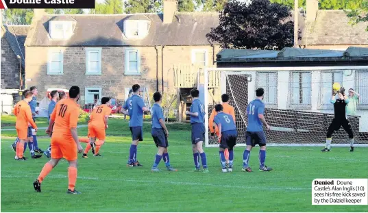  ??  ?? Denied Doune Castle’s Alan Inglis (10) sees his free kick saved by the Dalziel keeper