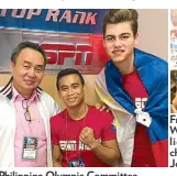  ??  ?? Philippine Olympic Committee chairman Rep. Abraham Tolentino (left) with IBF No. 1 minimumwei­ght contender Mark Anthony Barriga and Brendan Gibbons