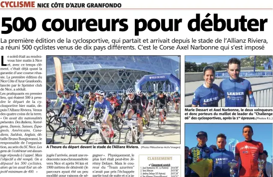  ?? R.L.) ?? A l’heure du départ devant le stade de l’Allianz Riviera. Marie Dessart et Axel Narbonne, le deux vainqueurs et donc porteurs du maillot de leader du “Challenge ” des cyclosport­ives, après la épreuve.(Photos Podium scratch : Axel Narbonne s’impose...