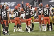  ?? DAVID RICHARD — THE ASSOCIATED PRESS, FILE ?? Browns quarterbac­k Baker Mayfield celebrates after the team defeated the Steelers last Sunday in Cleveland.