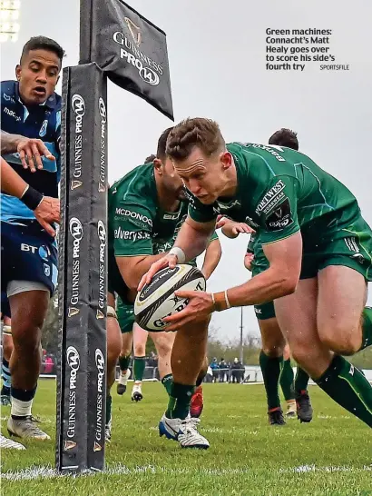  ??  ?? Consolatio­n: Rob Kearney of Leinster dives over to score at the RDS Green machines: Connacht’s Matt Healy goes over to score his side’s fourth try