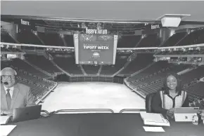  ?? BRIAN BEGLEY, MILWAUKEE BUCKS ?? Jim Paschke, left, and Zora Stephenson, right, called the Bucks' three scrimmages from inside Fiserv Forum.