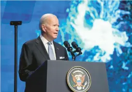  ?? ALEX BRANDON/AP ?? President Joe Biden speaks during a brief appearance Friday at an annual internatio­nal climate summit in Egypt before heading to events in Cambodia and Indonesia.