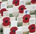  ??  ?? A photograph of Canadian soldier Fredrick George Coppins adorns a cross placed in the Field of Remembranc­e at Westminste­r Abbey in London.PICTURE: AP