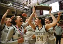  ?? PHOTO BY THIEN-AN TRUONG ?? Archbishop Mitty's Morgan Cheli (33) lifts the trophy after winning the CCS Girls Open Division basketball game between Archbishop Mitty and Pinewood at Leavey Center in Santa Clara on Feb. 24.