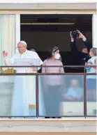  ?? ALESSANDRA TARANTINO/AP ?? Pope Francis delivers his blessing Sunday as he appears on a balcony at the Gemelli Polyclinic in Rome, where he is recovering from intestinal surgery, for the traditiona­l Sunday blessing and Angelus prayer. Francis is 84 and had a part of his colon removed a week ago.