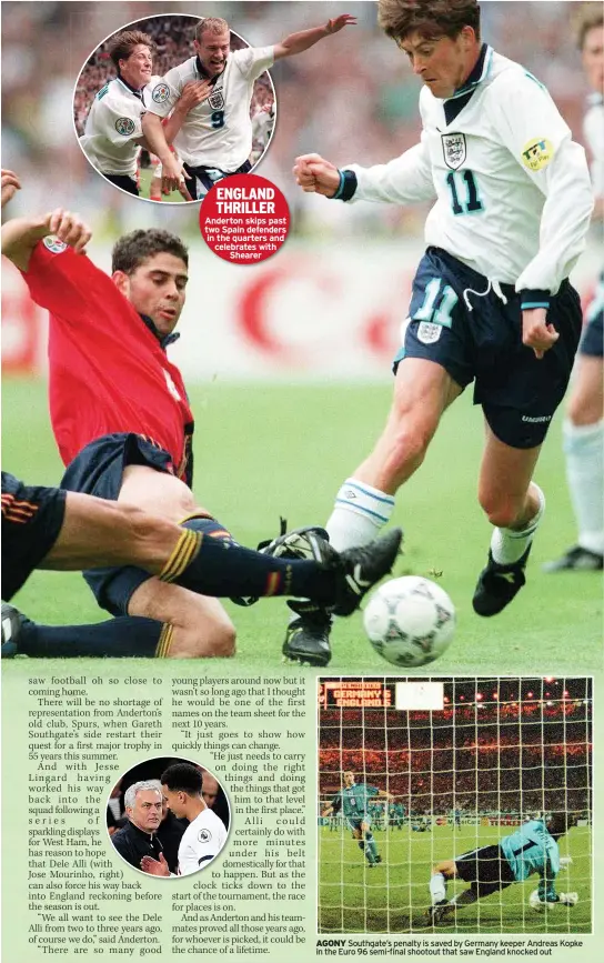  ??  ?? ENGLAND THRILLER Anderton skips past two Spain defenders in the quarters and celebrates with
Shearer
AGONY Southgate’s penalty is saved by Germany keeper Andreas Kopke in the Euro 96 semi-final shootout that saw England knocked out