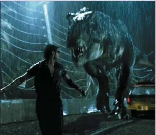  ??  ?? Ian Malcolm (played by the ever entertaini­ng Jeff Goldblum) chases from a T-Rex in Jurassic Park (Sunday, ITV, 5.45p.m.) still packing a punch after 27 years,