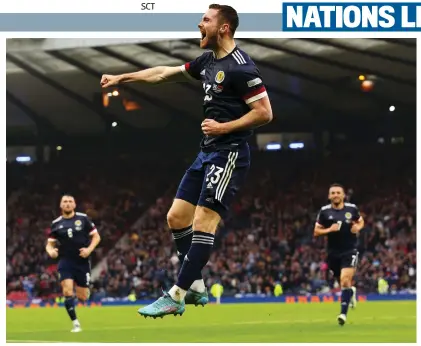  ?? ?? Head Bhoy: Celtic defender Ralston celebrates his first internatio­nal goal as Scots ease to victory