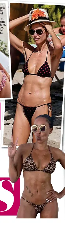  ??  ?? Rock hard: The bikini bodies of Davina McCall, 51, and (right) Heidi Klum, 46. Below, Spice Girl Mel B, 44