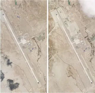  ?? PLANET LABS VIA AP ?? BORDER TENSION
This combinatio­n of two satellite photos of the Ngari Günsa civil-military airport base taken on April 1 (left) and May 17, 2020, near the border with India in far western region of Tibet in China show developmen­t around the airport.