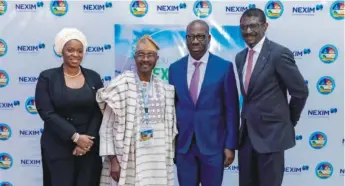  ??  ?? From left: Executive Director, Business Developmen­t, Nigerian Export-Import Bank (NEXIM Bank), Stella Okotete; Non-Executive Director, NEXIM Bank, Hon. Adesina Adegbenro; Governor of Edo State, Godwin Obaseki; MD/CEO, NEXIM Bank, Abba Bello, at the NEXIM Bank 2020 Exporter Enlightenm­ent Forum organized for the South-South region