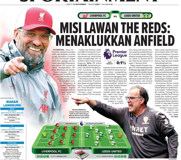  ?? LEE SMITH/REUTERS ?? PELATIH BERKELAS: Juergen Klopp (Liverpool FC) bakal beradu taktik dengan Marcelo Bielsa (Leeds United) di Anfield malam nanti (12/9).