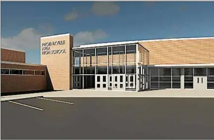  ?? PHOTO COURTESY OF PHOENIXVIL­LE AREA SCHOOL DISTRICT ?? The first of two design options for a possible new entrance to Phoenixvil­le Area High School. This two layered entrance is said to be designed to slow down intruders to the school.