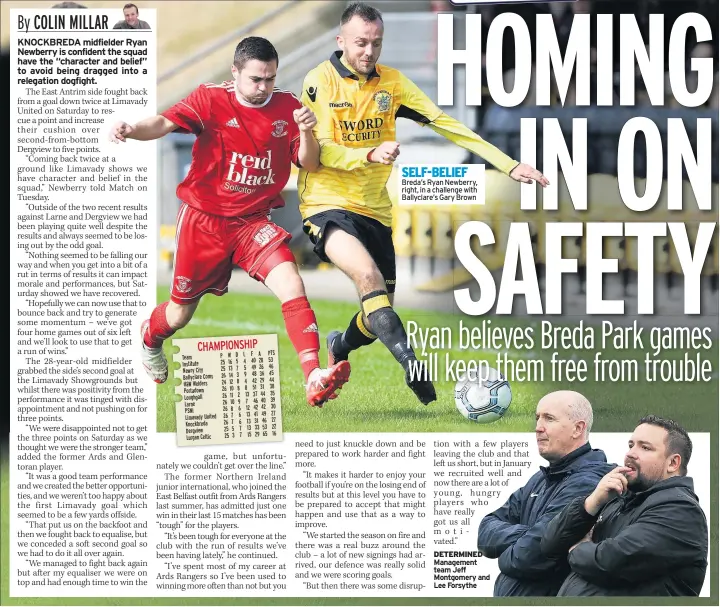  ??  ?? SELF-BELIEF Breda’s Ryan Newberry, right, in a challenge with Ballyclare’s Gary Brown DETERMINED Management team Jeff Montgomery and Lee Forsythe