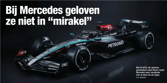  ?? FOTO MERCEDES ?? Met de W15, die opnieuw grotendeel­s zwart kleurt, hoopt Mercedes weer constanter mee te doen om de zeges.