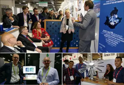  ??  ?? La rencontre avec les représenta­nts de la ville de Vegas sur le stand de la Région avec Françoise Bruneteaux, vice-présidente de la Région, Erick Mascaro, élu de la CCI du Var, Christian Tordo de la Métropole Nice Côte d’Azur et Jean-François Royer, directeur général de l’Agence régionale pour l’innovation et l’internatio­nalisation des startups (ARII), devrait ouvrir le champ de startups comme Connected Garden (à gauche) et O’Sol de Cannes qui présentait sa solution solaire mobile. (Photos Ambre Mingaz)