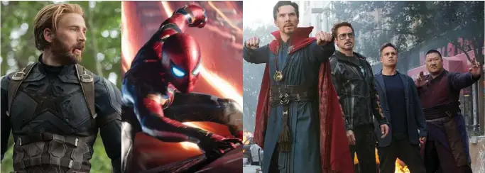  ??  ?? Chris Evans as the former Captain America Tom Holland as Spider-Man Benedict Cumberbatc­h as Dr. Strange, Robert Downey Jr. as Tony Stark, Mark Ruffalo as Bruce Banner and Benedict Wong as Wong.