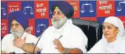  ?? HT PHOTO ?? SAD chief Sukhbir Singh Badal addressing a press conference at the party headquarte­rs in Chandigarh on Thursday.