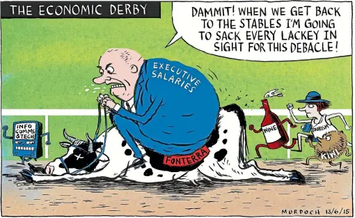  ??  ?? Big pay packets bring intense scrutiny. Fonterra chief executive Theo Spierings’ pay rise in 2015 brought ridicule and disbelief, and attracted the attention of cartoonist Sharon Murdoch.