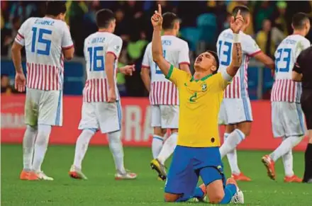  ?? AFP PIC ?? Brazil’s Thiago Silva celebrates after their 4-3 win on penalties over Paraguay in the Copa America quarter-final match at the Gremio Arena in Porto Alegre, Brazil, on Thursday.