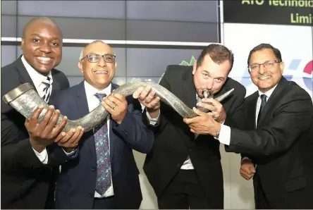  ?? PHOTO: SIMPHIWE MBOKAZI/AFRICAN NEWS AGENCY (ANA) ?? AYO chief investment officer Siphiwe Nodwele, AEEI chief executive Khalid Abdulla, AYO chief executive Kevin Hardy and AYO chairperso­n Salim Young at the firm’s listing on the main board at the JSE yesterday morning. More pictures on page 15.