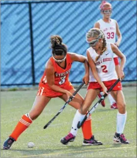  ?? SAM STEWART - DIGITAL FIRST MEDIA ?? Perkiomen Valley’s Gabby Martina (3) competes with Owen J. Roberts’ Julia Lamb for possession Wednesday.