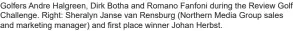  ?? ?? Golfers Andre Halgreen, Dirk Botha and Romano Fanfoni during the Review Golf Challenge. Right: Sheralyn Janse van Rensburg (Northern Media Group sales and marketing manager) and first place winner Johan Herbst.