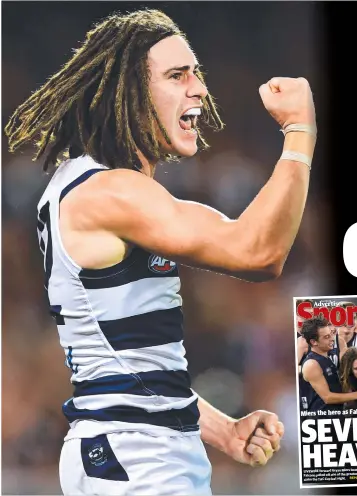  ??  ?? GOOD START: Gryan Miers celebrates a goal against Adelaide last round and, above, inset, some of his back page coverage in the Addy at the Falcons in 2017.