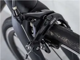  ??  ?? Axis brakes are decent but lack the power of 105 equivalent­s
The award-winning E5 Elite frameset remains largely unchanged
Revised geometry makes for more stability in the handling