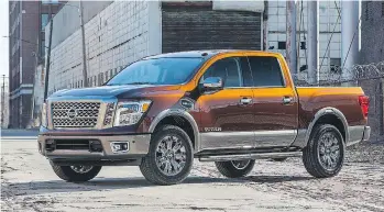  ??  ?? The all-new Titan Crew Cab half-ton pickup is powered by a new 390-horsepower, 5.6-litre Endurance V8 engine.