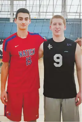  ??  ?? COMING TOGETHER FOR NATIONAL CAUSE: High school rivals Max Waltzman of Natick, left, and Aaron Shapiro of Framingham will put aside their difference­s to compete in beach volleyball for Team USA at the World Maccabi Games in Israel in July. COURTESY PHOTO