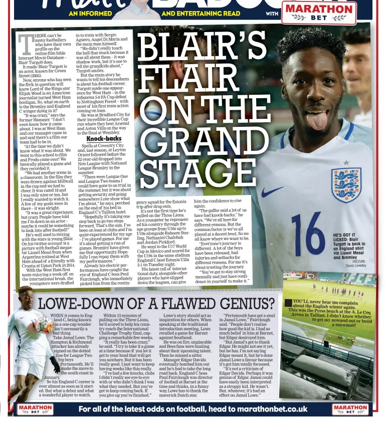  ?? PIICTURE: David Loveday ?? HE’S GOT IT LICKED: Blair Turgott is back in an England shirt via Lionel Messi and Bromley