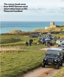  ??  ?? The convoy heads away from WW2 German naval observatio­n tower on the Pleinmont headland