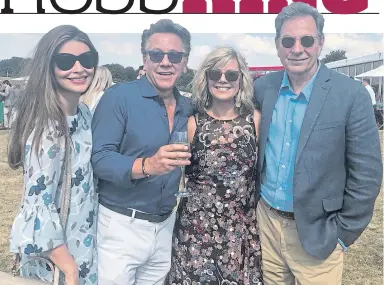  ??  ?? ▼ Ross and wife Brianna, left, with Dempsey and Makepeace stars Glynis Barber and Michael Brandon, at Watership Down watching the Duke of Sussex, left, in polo action.