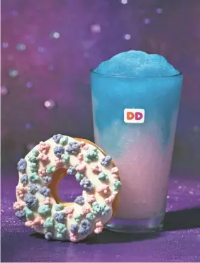  ?? DUNKIN’ DONUTS ?? The pink Cosmic Cotton Candy Coolatta drink and the Comet Candy doughnut are part of Dunkin Donuts’ new summer offerings.