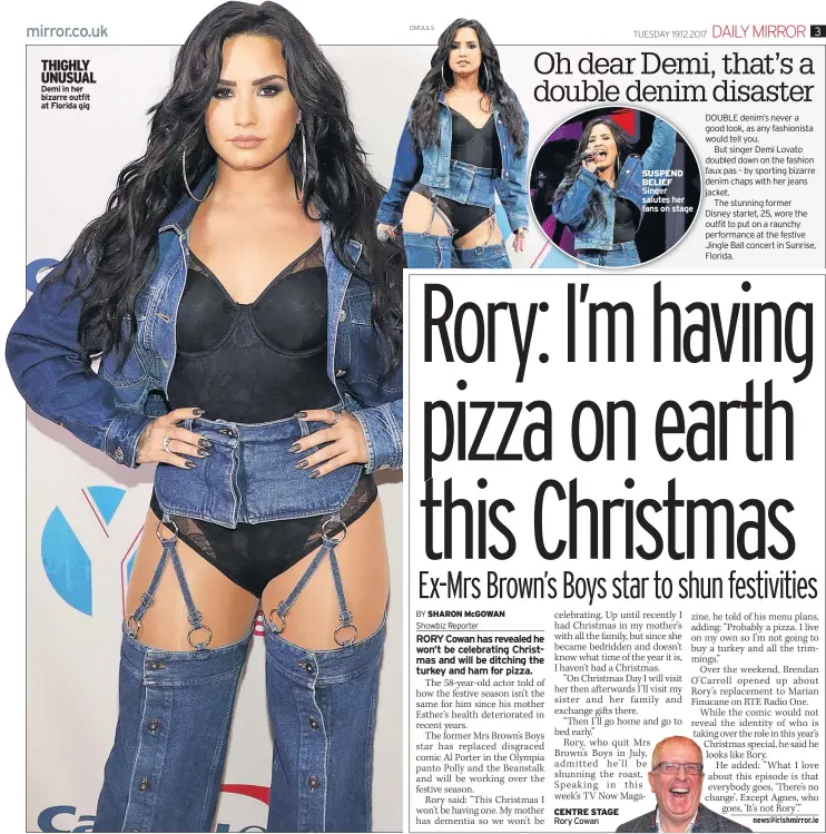  ??  ?? THIGHLY UNUSUAL Demi in her bizarre outfit at Florida gig CENTRE STAGE Rory Cowan