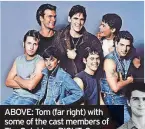  ?? ?? ABOVE: Tom (far right) with some of the cast members of The Outsiders. RIGHT: On a visit to London in 1986 after the release of Top Gun