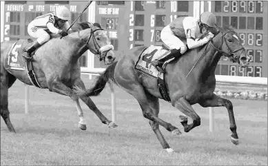  ?? BILL DENVER/EQUI-PHOTO ?? Lift Up, shown winning the Miss Liberty Stakes at Monmouth Park in June, is 5 for 6 on turf.