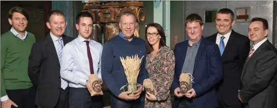 ??  ?? At the 2017 Irish Malting Barley Excellence Awards: Koenraad Dumont, Group Chief Commercial Officer at Boormalt, John Crean, Max Potterson, winner Edward Harpur, Catherine Harpur, Paul Mernagh, Aidan Crowe, Operations Manager at Diageo Ireland and...