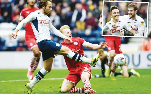  ?? PICTURE: MI News & Sport ?? ROUT: Preston midfielder Ben Pearson scores their fourth Inset: Preston’s Josh Harrop celebrates with Tom Barkhuizen after scoring the fifth