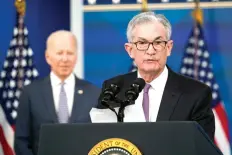  ?? The Associated Press ?? ■ Federal Reserve Chairman Jerome Powell speaks after President Joe Biden announced Powell’s nomination for a second four-year term as Federal Reserve chair, during an event in the South Court Auditorium on the White House complex in Washington on Monday. Biden also nominated Lael Brainard as vice chair, the No. 2 slot at the Federal Reserve.