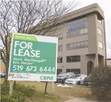  ?? DEREK RUTTAN ?? Vacant commercial space is becoming more common with the pandemic-driven shift to working at home. Above, Office space available for lease at a London, Ont. commercial centre.