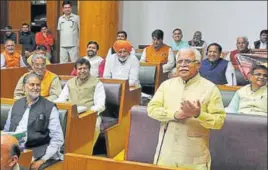  ?? KESHAV SINGH/HT ?? Haryana chief minister Manohar Lal Khattar speaking in the assembly during the ongoing budget session in Chandigarh on Friday.