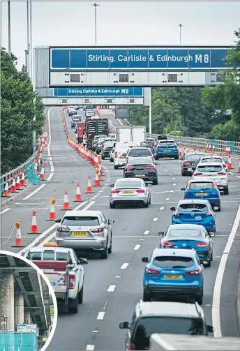  ?? Pictures ?? The M8 eastbound in Glasgow is congested on Friday with lanes closed due to work on supporting pillars, left Andrew Cawley